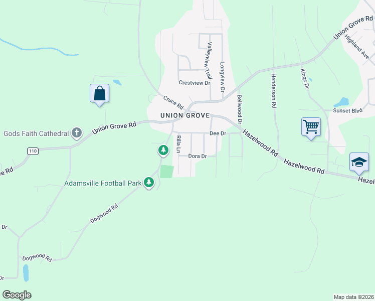 map of restaurants, bars, coffee shops, grocery stores, and more near 5005 Ellen Lane in Adamsville