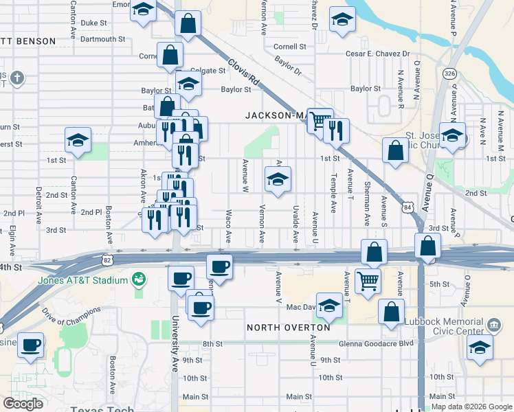 map of restaurants, bars, coffee shops, grocery stores, and more near 2214 2nd Place in Lubbock
