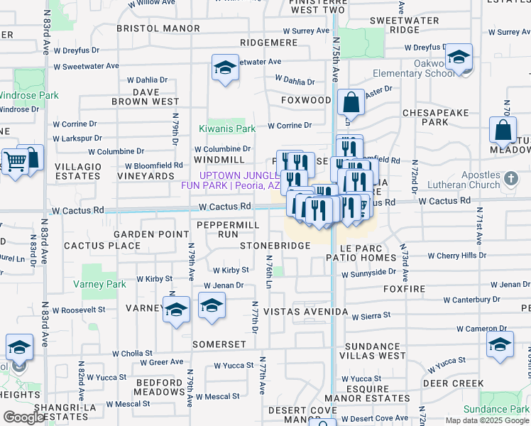 map of restaurants, bars, coffee shops, grocery stores, and more near 12110 North 76th Lane in Peoria