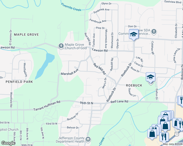 map of restaurants, bars, coffee shops, grocery stores, and more near 429 Cheri Lane in Birmingham