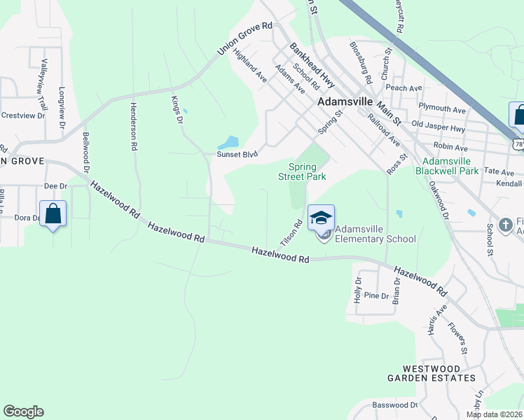 map of restaurants, bars, coffee shops, grocery stores, and more near 313 Burgundy Dr in Adamsville