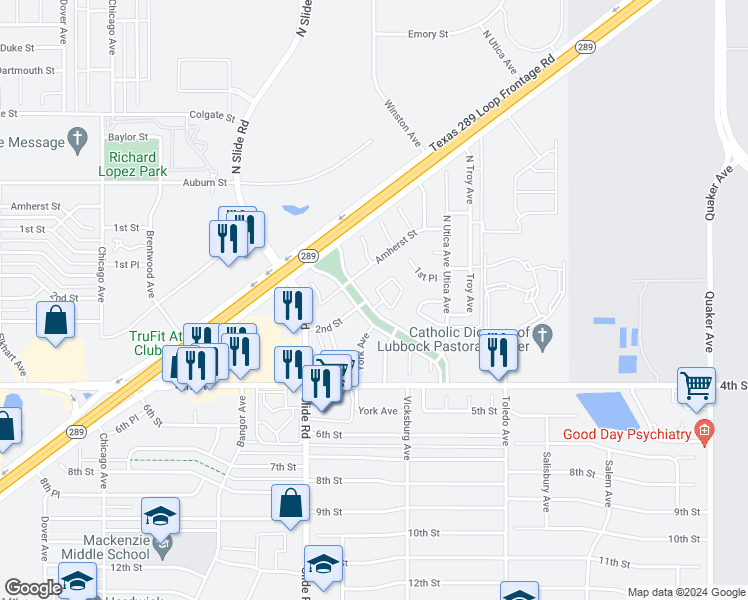 map of restaurants, bars, coffee shops, grocery stores, and more near 17 Whisperwood Circle in Lubbock