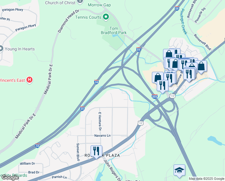 map of restaurants, bars, coffee shops, grocery stores, and more near 535 East Forest Drive in Birmingham