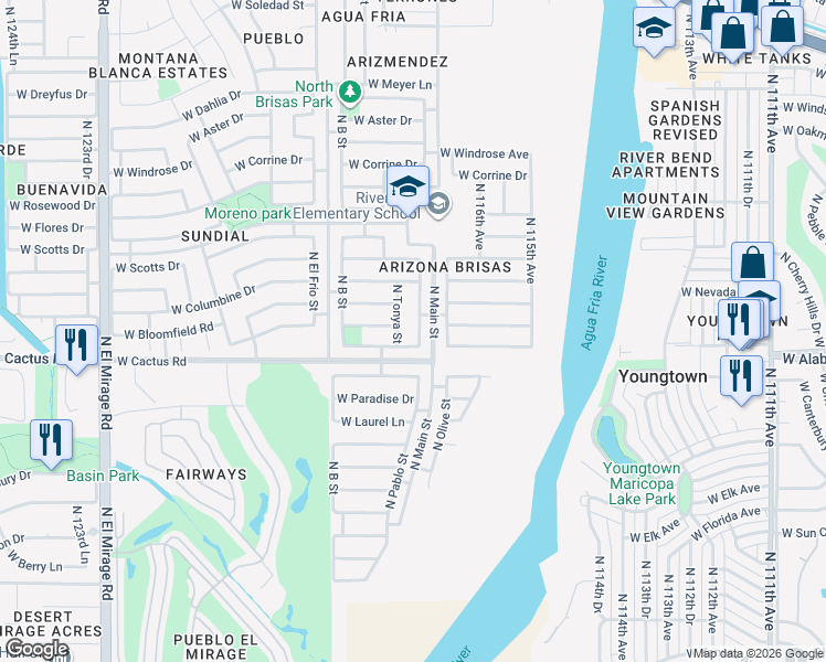 map of restaurants, bars, coffee shops, grocery stores, and more near 12340 North Pablo Street in El Mirage