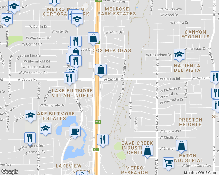 map of restaurants, bars, coffee shops, grocery stores, and more near 2529 West Cactus Road in Phoenix