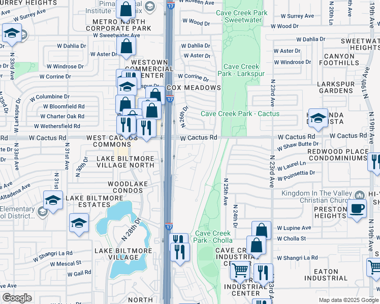 map of restaurants, bars, coffee shops, grocery stores, and more near 2529 West Cactus Road in Phoenix