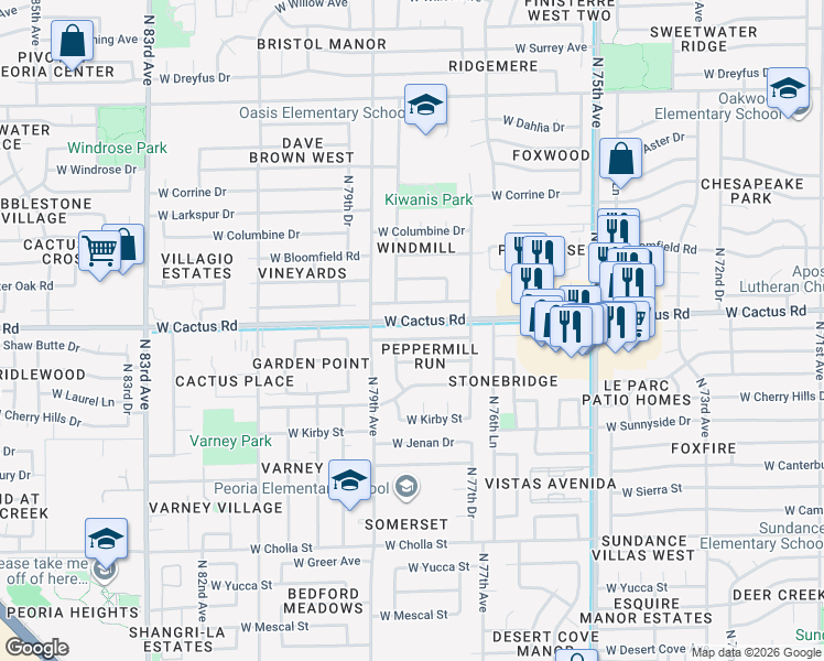 map of restaurants, bars, coffee shops, grocery stores, and more near 7802 West Shaw Butte Drive in Peoria
