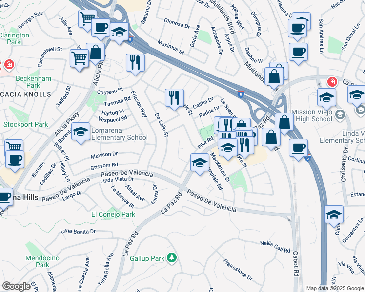 map of restaurants, bars, coffee shops, grocery stores, and more near 25272 Orellano Way in Laguna Hills