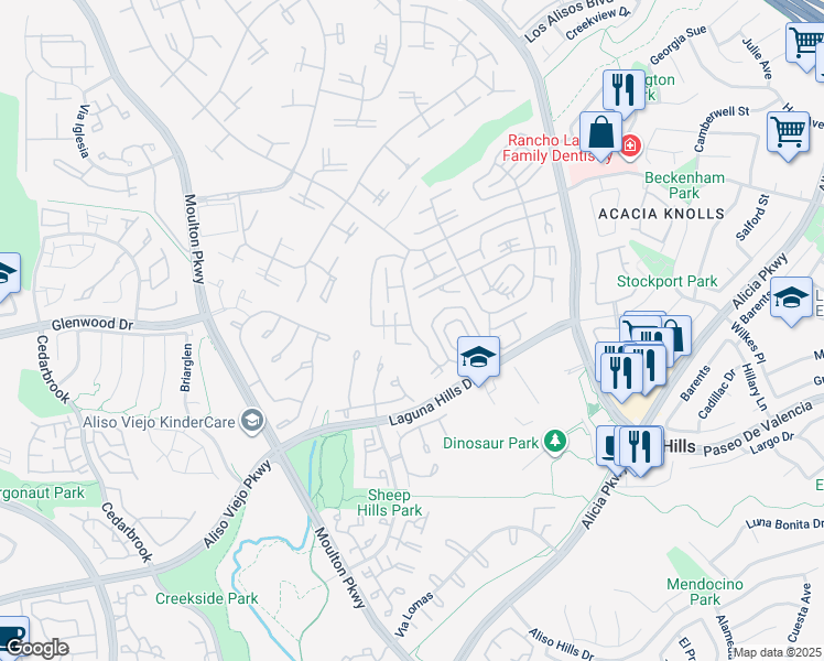 map of restaurants, bars, coffee shops, grocery stores, and more near 894 Ronda Sevilla in Laguna Woods