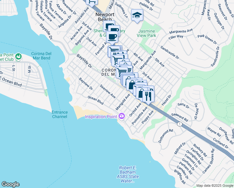 map of restaurants, bars, coffee shops, grocery stores, and more near 318 Marguerite Avenue in Newport Beach