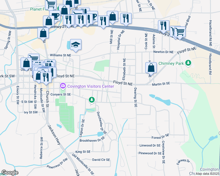 map of restaurants, bars, coffee shops, grocery stores, and more near 3127 Mill Street Northeast in Covington