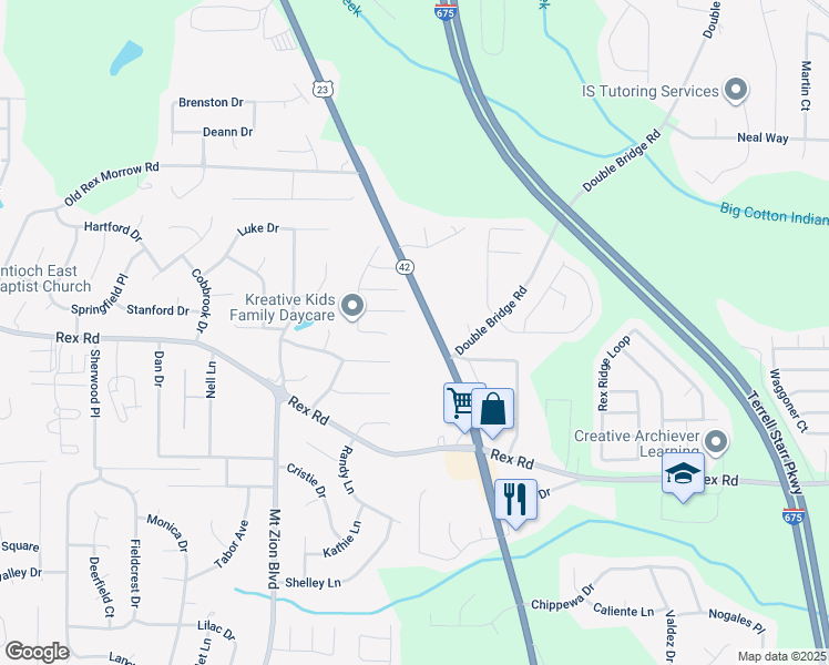 map of restaurants, bars, coffee shops, grocery stores, and more near 2855 Amerson Way in Ellenwood