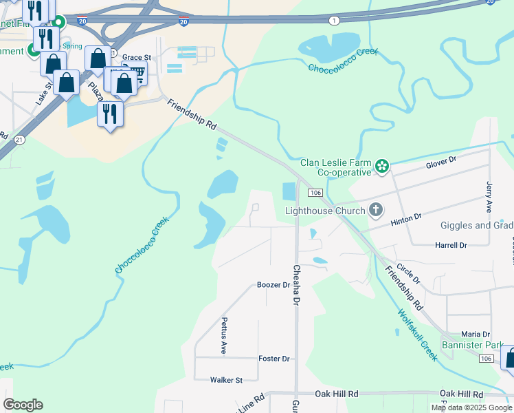 map of restaurants, bars, coffee shops, grocery stores, and more near 1700 Cheaha Drive in Oxford