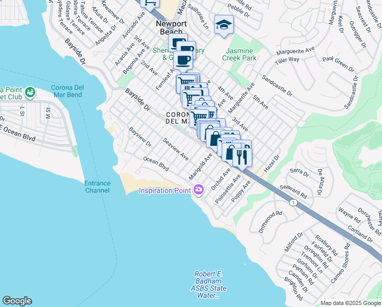 map of restaurants, bars, coffee shops, grocery stores, and more near 318 Marguerite Avenue in Newport Beach
