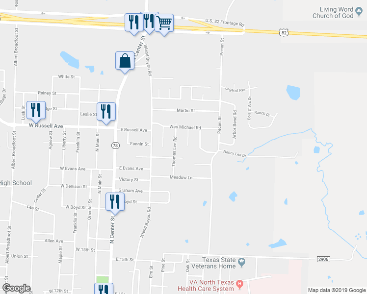 map of restaurants, bars, coffee shops, grocery stores, and more near 1902 Wes Hardin Circle in Bonham