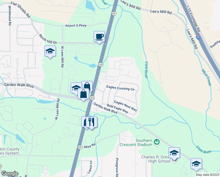 map of restaurants, bars, coffee shops, grocery stores, and more near 5849 Eagles Crossing Lane in Riverdale