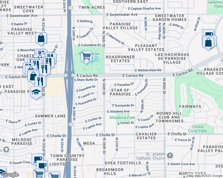 map of restaurants, bars, coffee shops, grocery stores, and more near 3620 East Laurel Lane in Phoenix