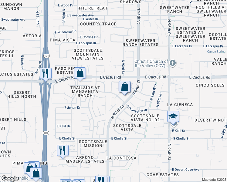 map of restaurants, bars, coffee shops, grocery stores, and more near 11957 North 92nd Place in Scottsdale