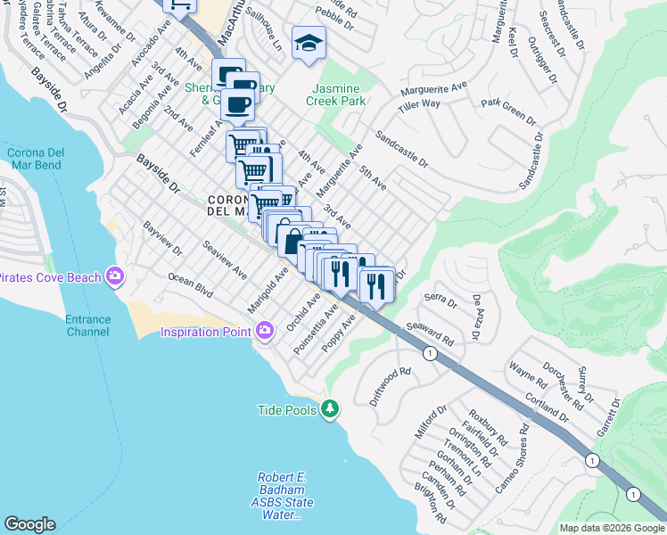 map of restaurants, bars, coffee shops, grocery stores, and more near in 