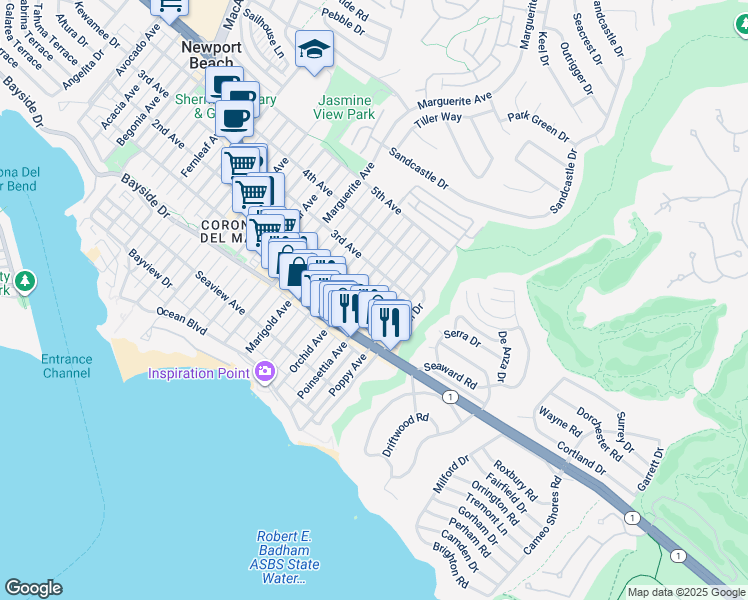 map of restaurants, bars, coffee shops, grocery stores, and more near 501 Poinsettia Avenue in Newport Beach