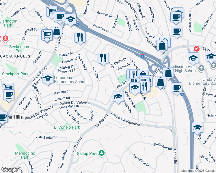map of restaurants, bars, coffee shops, grocery stores, and more near 25272 Orellano Way in Laguna Hills
