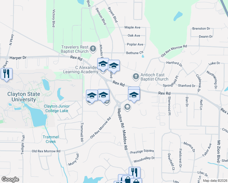 map of restaurants, bars, coffee shops, grocery stores, and more near 2235 Rex Road in Morrow