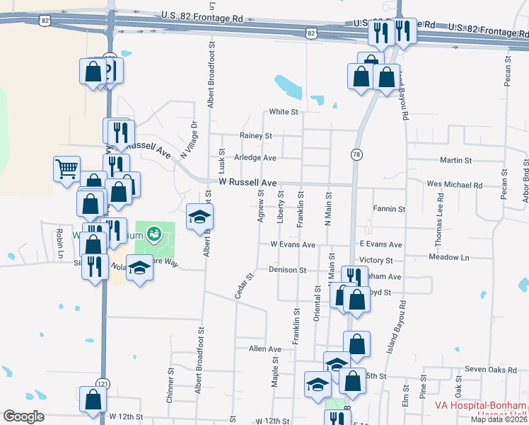 map of restaurants, bars, coffee shops, grocery stores, and more near 1932 Agnew Street in Bonham