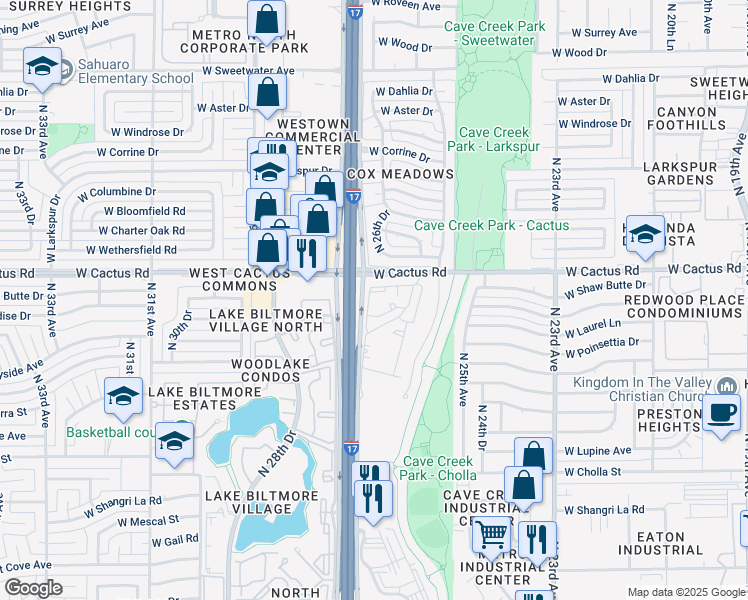 map of restaurants, bars, coffee shops, grocery stores, and more near 2529 West Cactus Road in Phoenix