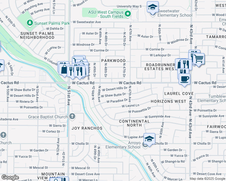 map of restaurants, bars, coffee shops, grocery stores, and more near 4813 West Desert Hills Drive in Glendale