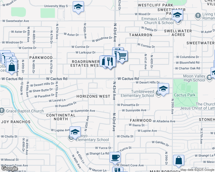map of restaurants, bars, coffee shops, grocery stores, and more near 4301 West Cactus Road in Glendale