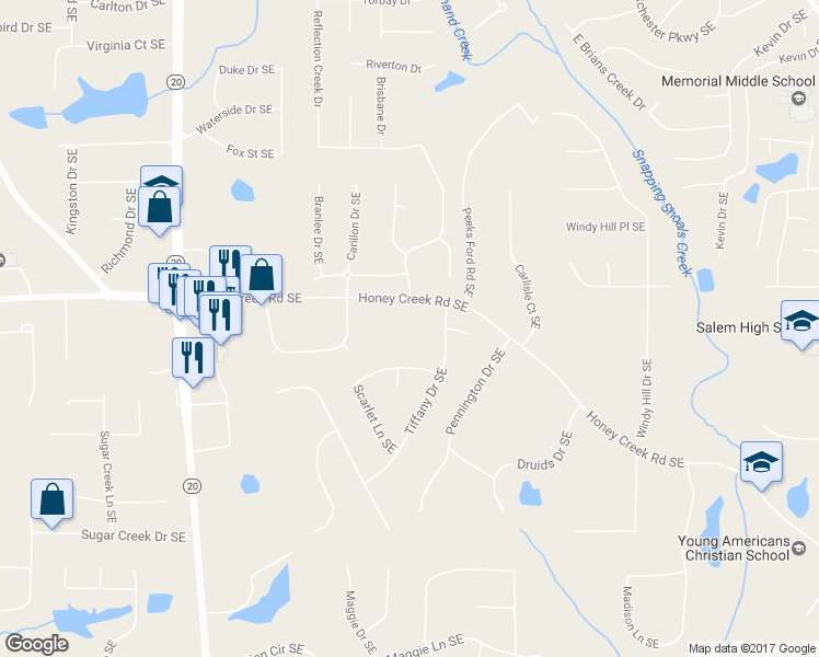 map of restaurants, bars, coffee shops, grocery stores, and more near 1221 Honey Creek Road Southeast in Conyers
