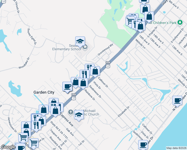 map of restaurants, bars, coffee shops, grocery stores, and more near 2132 U.S. 17 Business in Murrells Inlet