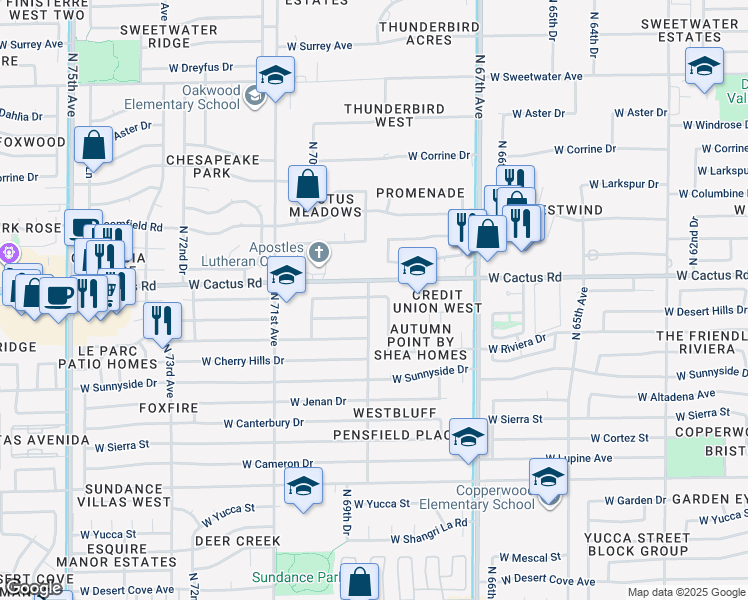 map of restaurants, bars, coffee shops, grocery stores, and more near 12131 North 69th Avenue in Peoria