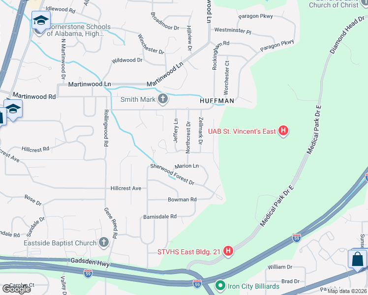 map of restaurants, bars, coffee shops, grocery stores, and more near 840 Northcrest Dr in Birmingham