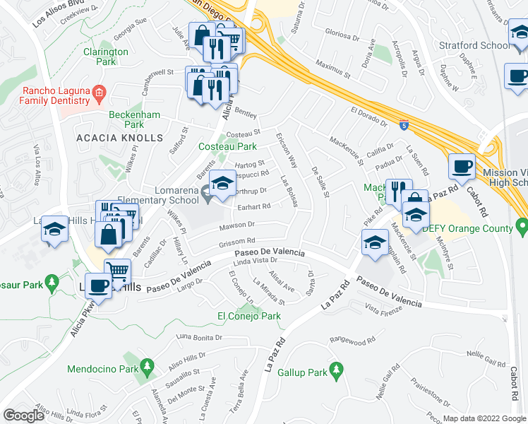map of restaurants, bars, coffee shops, grocery stores, and more near 25232 Earhart Road in Laguna Hills