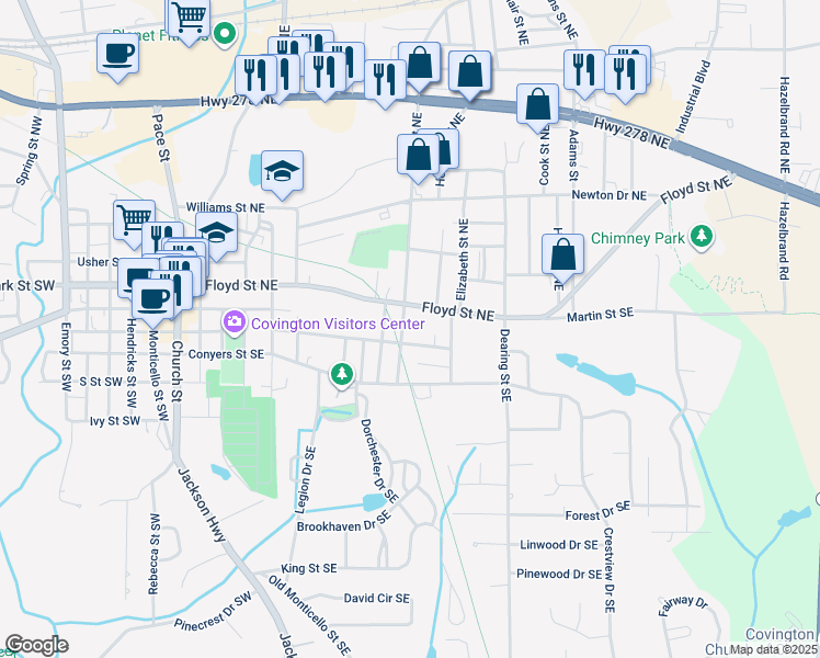 map of restaurants, bars, coffee shops, grocery stores, and more near 3127 Mill Street Northeast in Covington