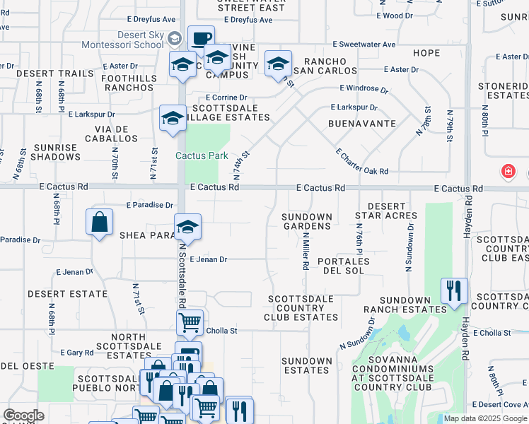 map of restaurants, bars, coffee shops, grocery stores, and more near 7417 East Paradise Drive in Scottsdale