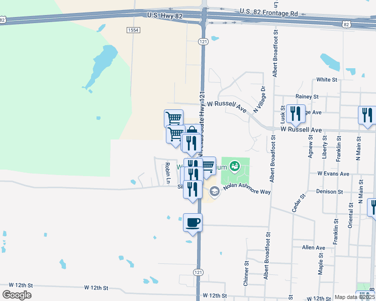 map of restaurants, bars, coffee shops, grocery stores, and more near 1804 Cardinal Lane in Bonham