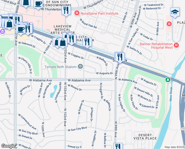 map of restaurants, bars, coffee shops, grocery stores, and more near 10021 West Augusta Drive in Sun City