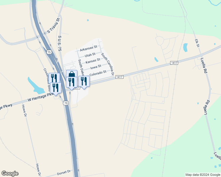 map of restaurants, bars, coffee shops, grocery stores, and more near 509 Arizona Street in Sherman