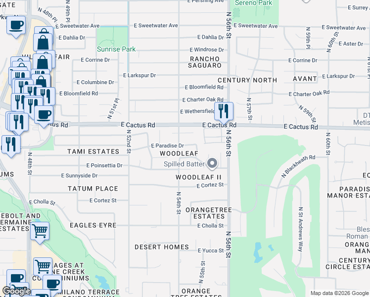 map of restaurants, bars, coffee shops, grocery stores, and more near 5411 East Paradise Drive in Scottsdale