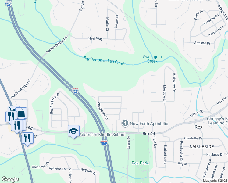 map of restaurants, bars, coffee shops, grocery stores, and more near 5822 Waggoner Walk in Rex