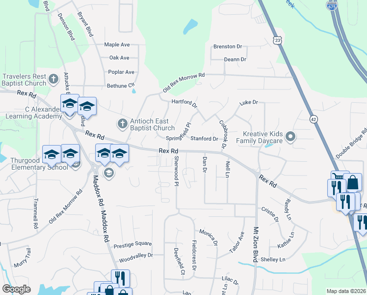 map of restaurants, bars, coffee shops, grocery stores, and more near 2486 Rex Road in Ellenwood