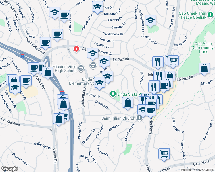 map of restaurants, bars, coffee shops, grocery stores, and more near 25222 Pericia Drive in Mission Viejo