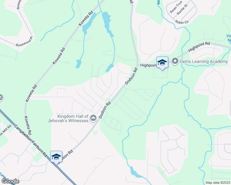 map of restaurants, bars, coffee shops, grocery stores, and more near 425 Lake Ridge Lane in Fairburn