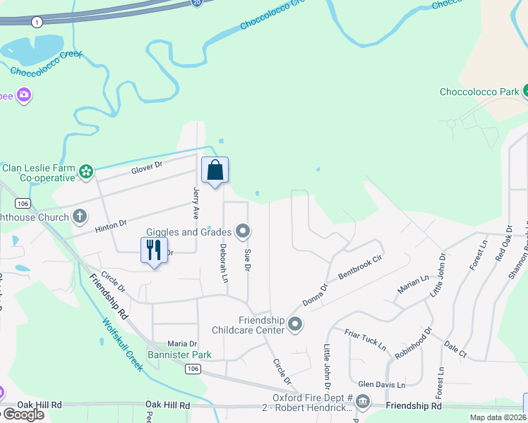 map of restaurants, bars, coffee shops, grocery stores, and more near 1996 Cheatwood Drive in Oxford