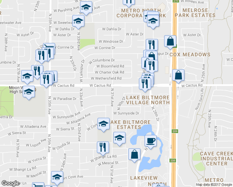 map of restaurants, bars, coffee shops, grocery stores, and more near 3039 West Cactus Road in Phoenix