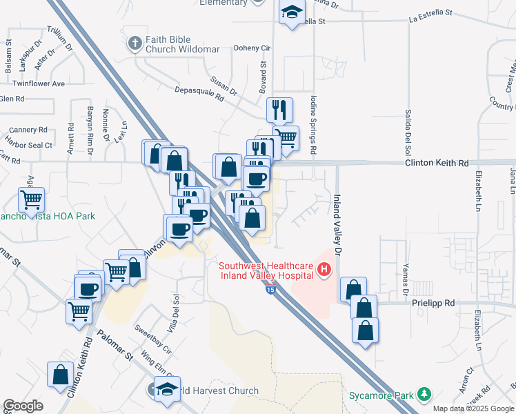 map of restaurants, bars, coffee shops, grocery stores, and more near 24055 Clinton Keith Road in Wildomar