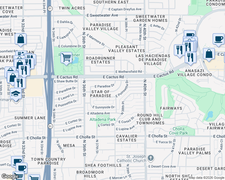 map of restaurants, bars, coffee shops, grocery stores, and more near 3738 East Laurel Lane in Phoenix