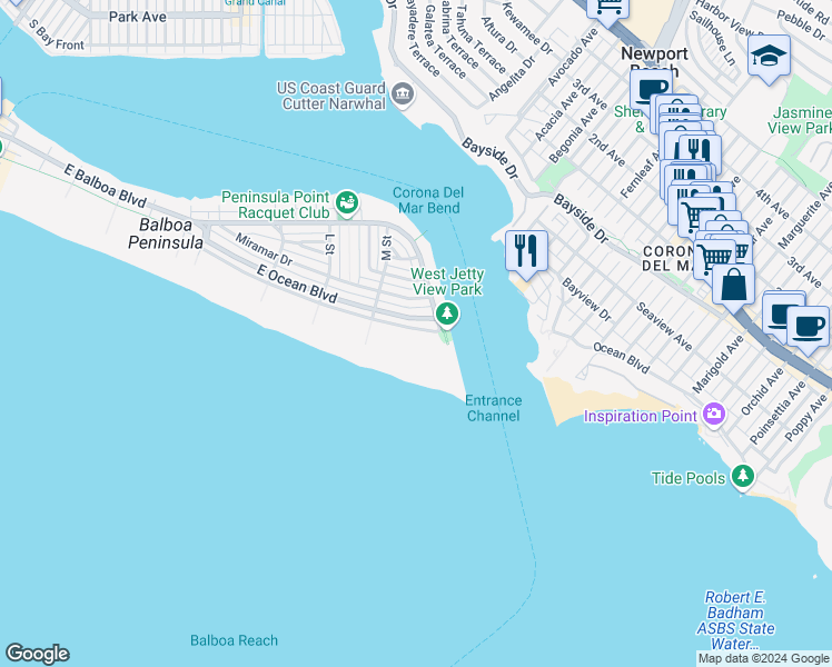 map of restaurants, bars, coffee shops, grocery stores, and more near 2148 East Oceanfront in Newport Beach